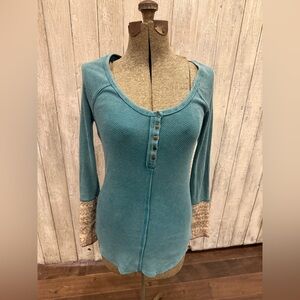 Free People Teal Long Sleeve Top with Button Accents